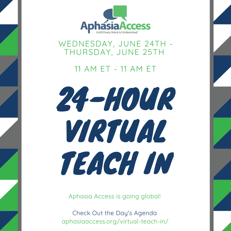 TomSatherSLP's tweet image. This week! Free (no membership required-just stop in) our international 24-Hour @AphasiaAccess Virtual Teach-In!!! 24 straight hours of #aphasia presentations, content, ideas &amp;amp; research. Just go to aphasiaaccess.org Wed, June 24th 11 a.m. Eastern time- 24 consecutive hours!