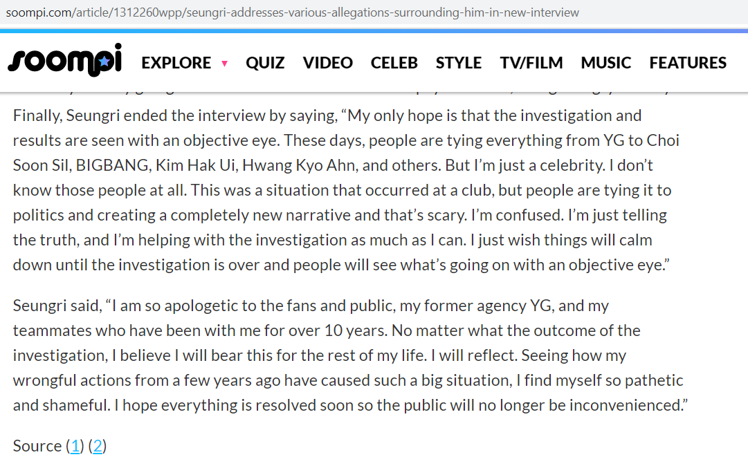Seungri: “My only hope is that the investigation and results are seen with an objective eye. These days, people are tying everything..""But I’m just a celebrity. I don’t know those people at all. This was a situation that occurred at a club"