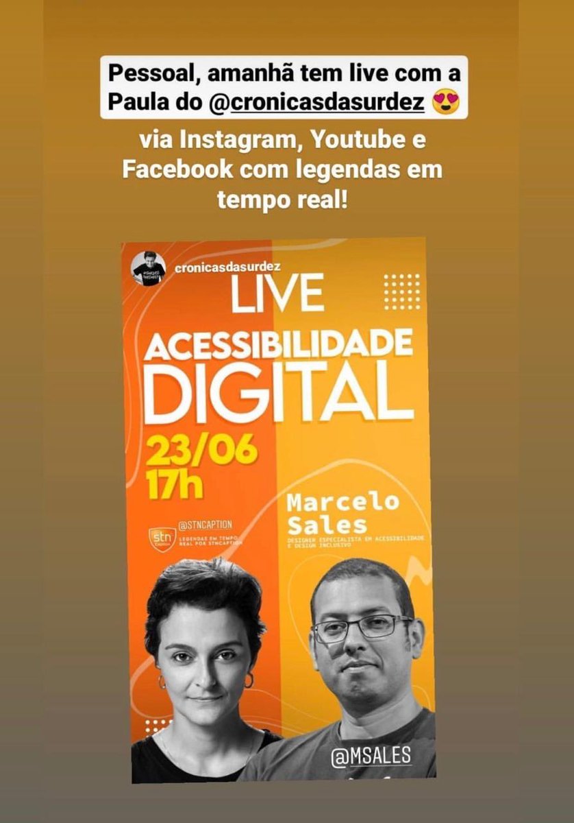 DoloresAffonso's tweet photo. Amanhã às 17h no Instagram, Facebook e Youtube Crônicas da Surdez + Surdos Que Ouvem teremos LIVE (com legendas em tempo real feitas por @stncaption ) com @msales - Designer especialista em acessibilidade e design inclusivo! Falaremos sobre ACESSIBILIDADE DIGITAL. Não perca! https://t.co/07sIZsthqm