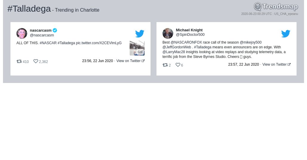 TrendsCharlotte's tweet photo. #talladega is now trending in #Charlotte

https://t.co/iYUvtgtF4K https://t.co/yuw3ROISUG