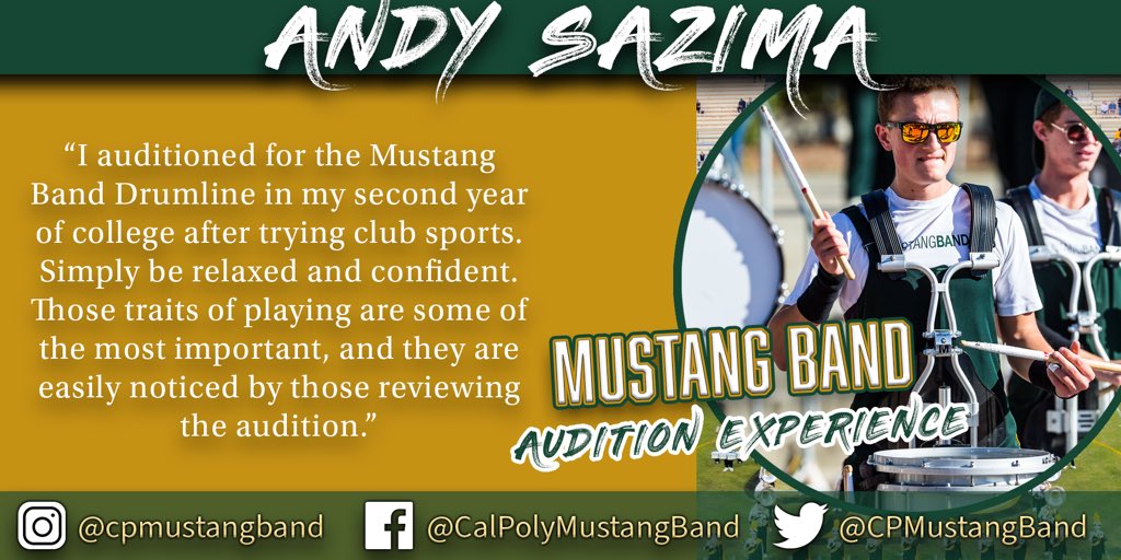 CalPolyBand's tweet photo. Interested in joining Mustang Band but it's not your first year of college? That's okay! Center snare Andy Sazima can relate.
Visit https://t.co/mPkenTO8CI for more information on Mustang Band auditions.
#RideHigh #JoinBand #FreeAuditions #LearnByDoing https://t.co/dv6QUy7t2R
