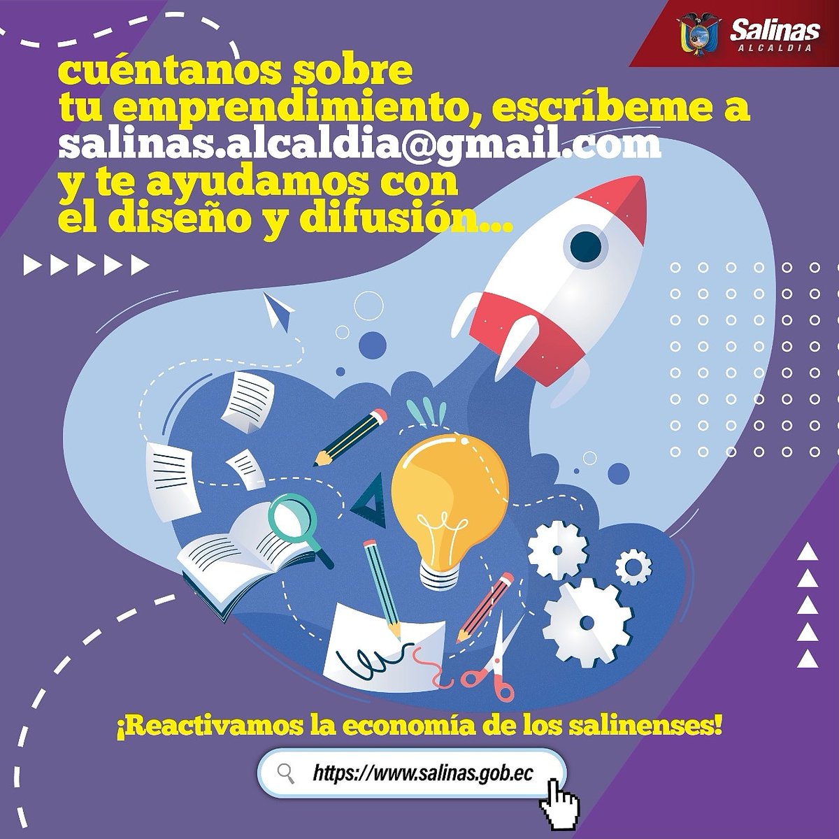 SalinasTICs's tweet photo. Cuéntanos sobre tu emprendimiento. Escríbeme a salinas.alcaldia@gmail.com y te ayudamos con el diseño y difusión.
📲🖥️🖨️📷📹📻🖱️📠
•
•
•
¡Reactivamos la economía de los salinenses! https://t.co/X54lkKuEEZ