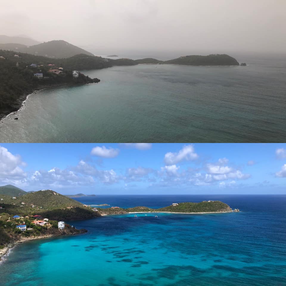 supstjohn's tweet photo. @Astro_Doug @Space_Station we are right under it in the us virgin islands. We get it every year but I have never seen it that bad. wasn't sure if I was looking at the sun or moon this morning #stjohnusvi #caribbean #saharadust #usvirginislands https://t.co/qd0UKl7Wo3