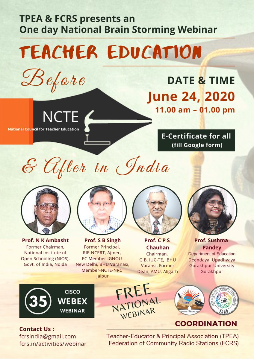 fcrsIndia's tweet photo. *TPEA &amp; FCRS* presents -
*Teacher Education Before NCTE &amp; After in INDIA*
June 24, 2020  |  11.00 am – 01.00 pm IST

• Prof. N K Ambasht
• Prof. S B Singh
• Prof. C P S Chauhan
• Prof. Sushma Pandey
Link-
https://t.co/NuUT901vYf
Meeting ID: 166 527 9892
Password: Fcrs35 https://t.co/tVImMqRf1o