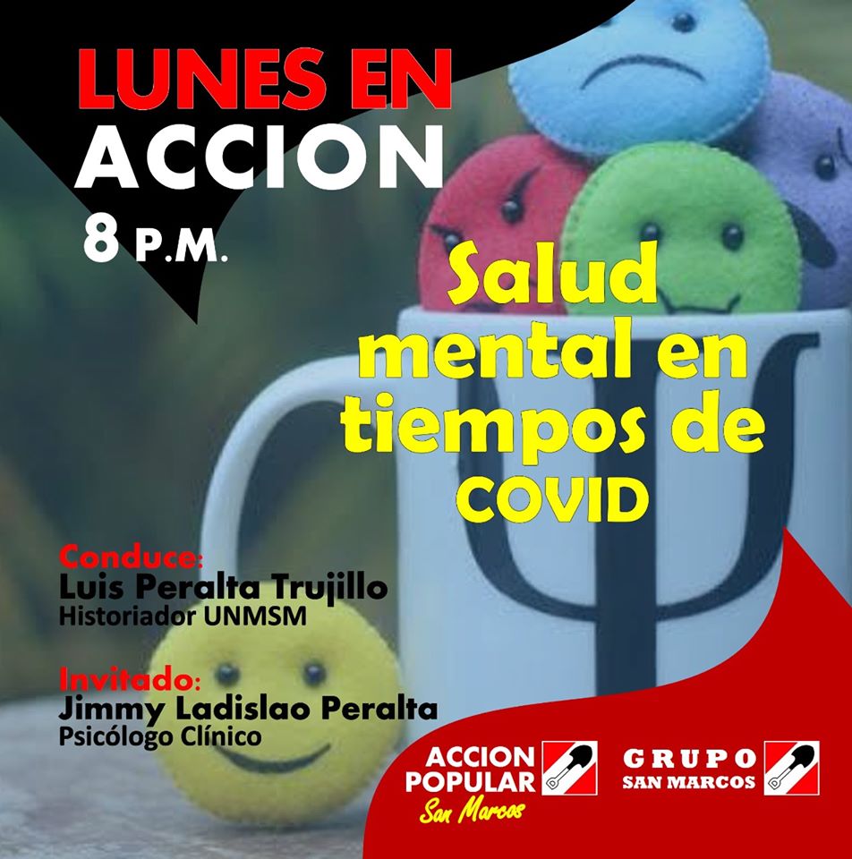 APsanmarcos's tweet photo. #HOY

Segunda jornada de LUNES EN ACCIÓN: Salud mental en tiempos de Covid.
Ponente: Jimmy Ladislao Peralta. Psicólogo Clínico
Conductor: Luis Peralta Trujillo.
Fecha: Lunes 22 de Junio.
Hora: 8:00 pm. https://t.co/YQyJw9fHJc
