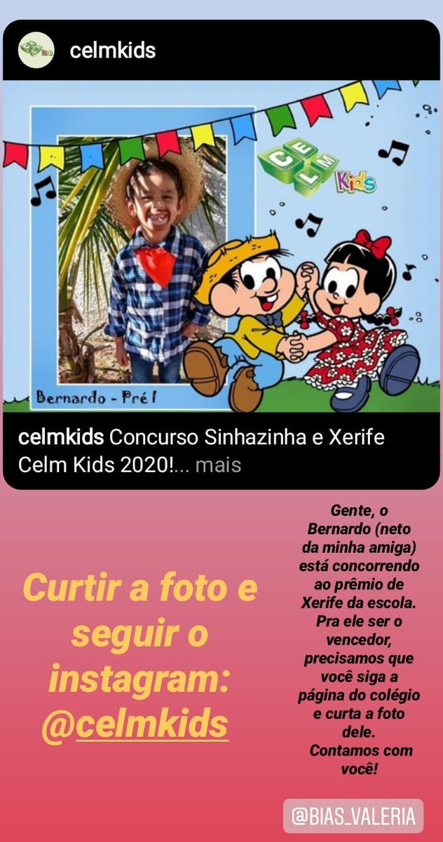 Caracos
Quem puder, curta por favor a foto da publicação do link abaixo e sigam o perfil do colégio. É o filho de uma amiga muito querida 
@ bias_valeria (IG) 
que está participando de um concurso do colégio dele. 
instagram.com/p/CBvTA9SpbTI/…

Obrigada desde já! 🦜🐦