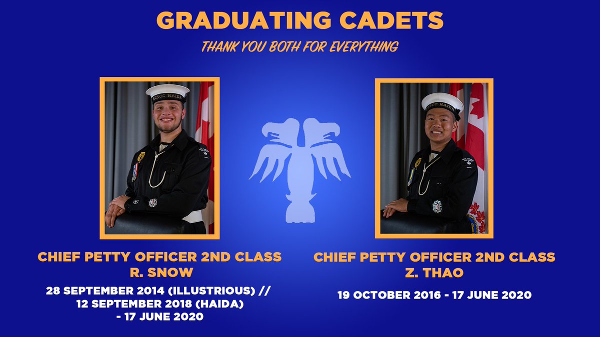Our next two graduating cadets are CPO2 R. Snow and CPO2 Z. Thao! We'd like to thank you both for your contributions to the drill team, to the standards of Haida, and as instructors. You've both left an incredible impact on the corps. We will miss you so much 💛🖤🎉