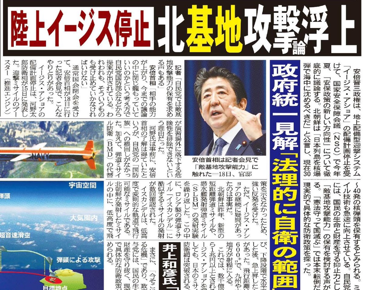 こちら夕刊フジ編集局 Auf Twitter 安倍政権は イージス アショア の配備計画停止を受け 安保政策の新しい方向性 を議論します 自民党内には 敵基地攻撃能力 保有を検討する声があります トマホーク導入など 防衛政策に迫りました イージス アショア