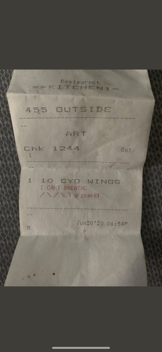 fox_sheldon's tweet photo. Brandon Gonzalez saw “I CANT BREATHE” on a blackened chicken wings order ticket during his shift as a barback and then quit his job and posted the ticket to Twitter. The restaurant is now apologizing in a statement issued less than an hour ago. @wsvn #7News https://t.co/HXiJIT5tQD