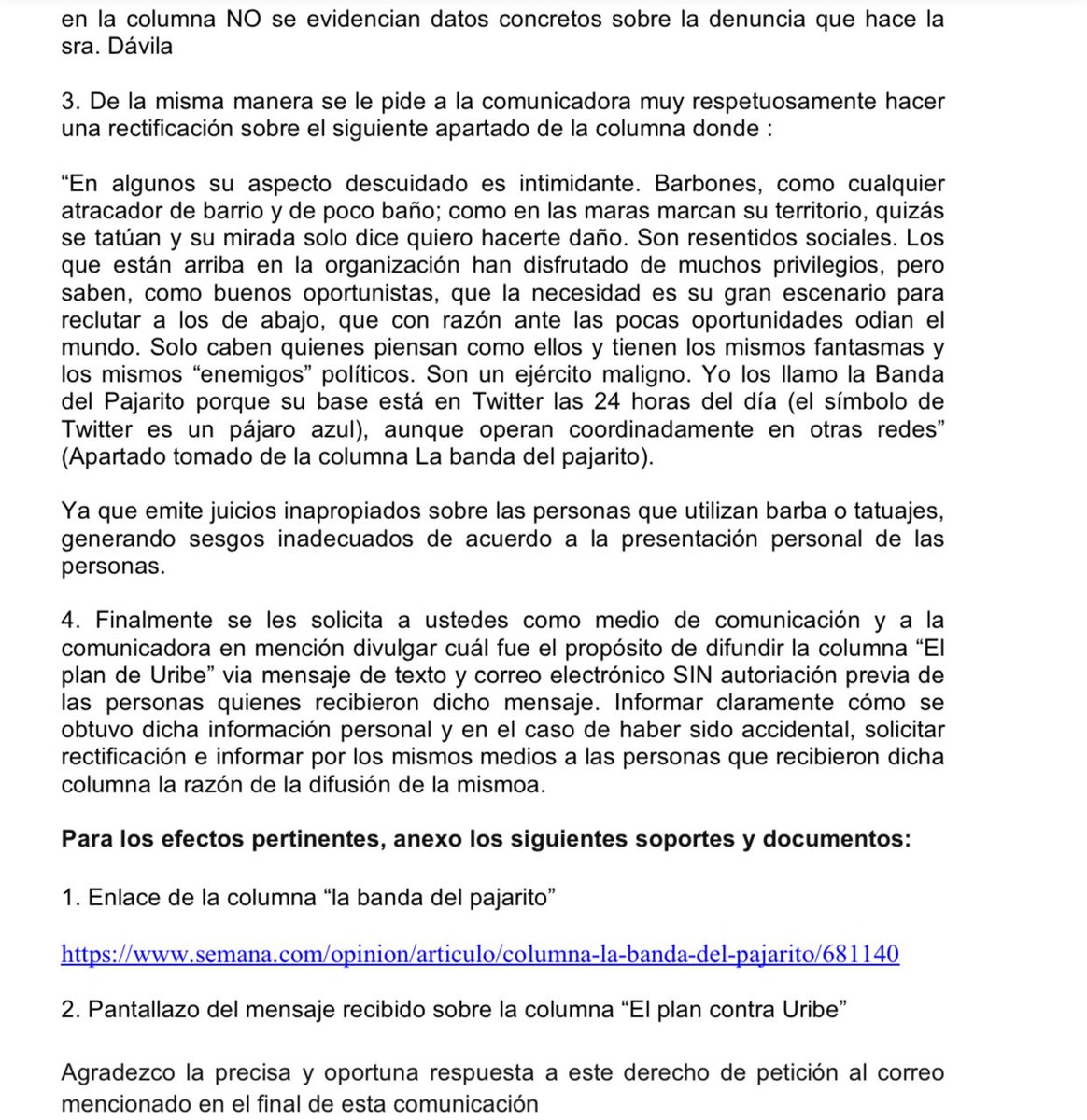 YumbilaSasha's tweet photo. Esperemos que @VickyDavilaH o bien @RevistaSemana tengan la delicadeza de responder a este derecho de petición sobre la columna “la banda del pajarito” y la difusión de la columna “el plan de Uribe”. Favor RT queridos amigos. Ojalá haya una respuesta satisfactoria https://t.co/vQ1luj3A9m