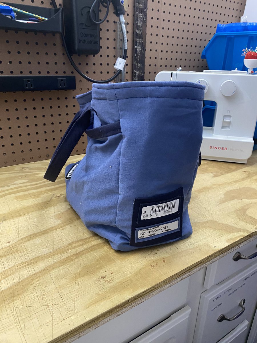 NickDoering23's tweet photo. I know Father’s Day was yesterday but I’m super proud of the gift I made my grandpa and wanted to share. Using plans from @donttrythis I made him a bag using both of our old General Motors uniforms and I’m super proud of how it came out. https://t.co/8di9L0Hn44
