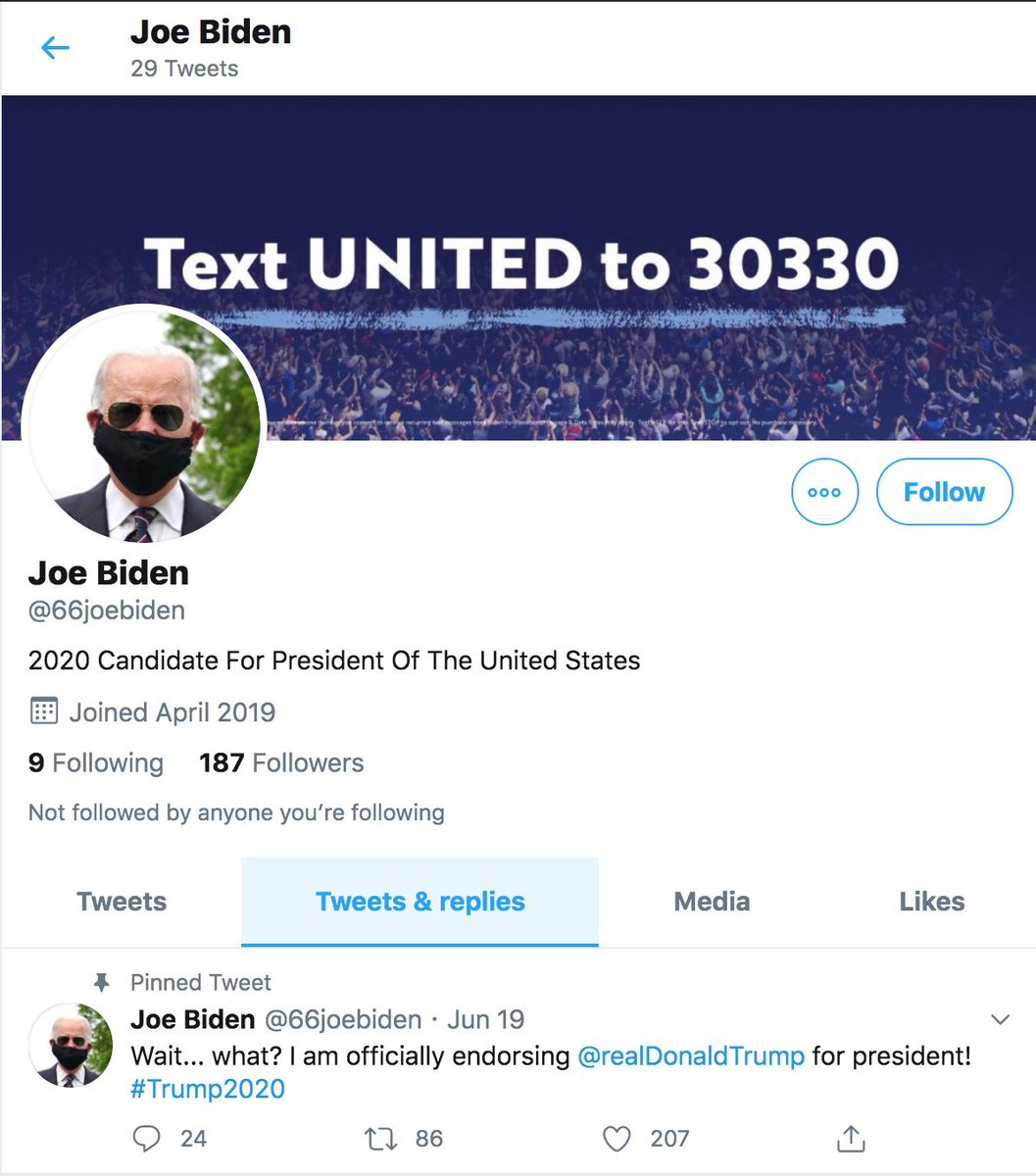 The plot thickens when we look at  @reaidonaltrump_'s early followers. The first 20 are not political accounts, and the next 9 (and most of the rest) are  #MAGA accounts. The 30th is Joe Biden impersonator  @66joebiden, whose profile lacks any disclosure that the account is fake.