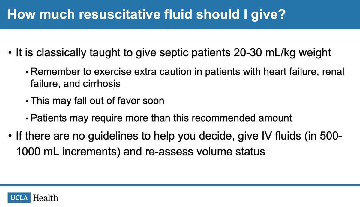 11/14 The amount of fluid to give is highly debated. You will see 20-30 cc/kg for sepsis thrown around. The best answer is to give some amount of fluid (considering the patient's organ's abilities to accommodate the fluid) and reassess (using vitals, exam, and POCUS).