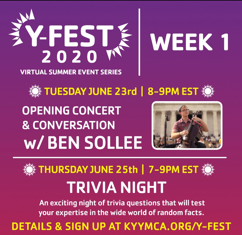 aubreykyymca's tweet photo. Week 1 of Y-Fest begins TOMORROW!!! That’s right, in just under 24 hours, you could be jamming out to Ben Sollee with your favorite y-friends right from the comfy couch in your home!! Get cozy, bring snacks, and come groove!! https://t.co/ISnpjahuQI