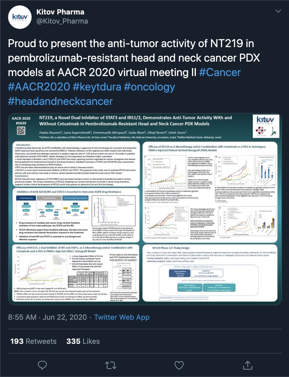 13. Today was interesting,  $KTOV tweeted out at 8:58 AM (2 minutes before conference) about what they're presenting & they might've gave us the golden nugget. Pembrolizumab is Merck's Keytruda and the tweet focus is heavily on that w/ NT-219 & they also  #KEYTRUDA 