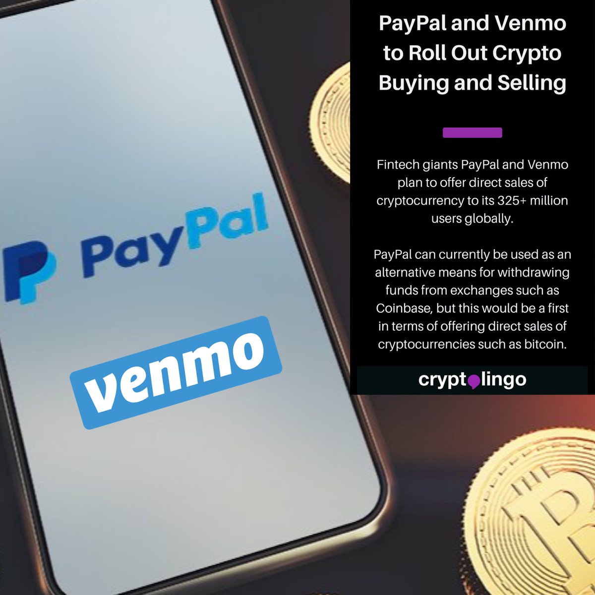 cryptolingo's tweet photo. Fintech giants @PayPal and @Venmo plan to allow buys and sells of #crypto directly and have a built-in wallet functionality.

#CryptoLingo #bitcoin #paypal #venmo #blockchain https://t.co/Bf66AHEohy