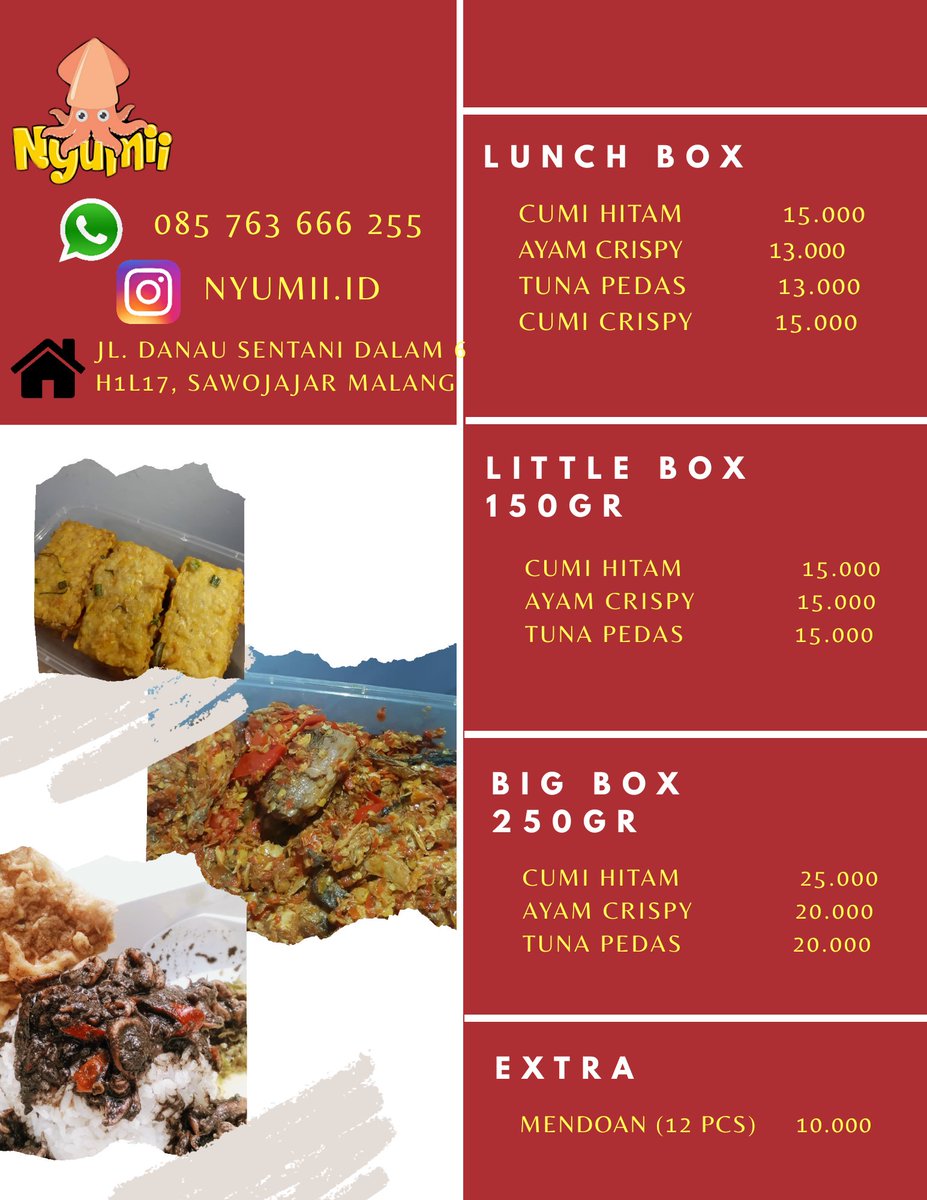 nyumii2's tweet photo. Silahkan kaka cumi hitamnya kakaaa 😊 pengantaran dr Sawojajar ya, kita anter pas lagi anget-angetnya. Cus dm/wa https://t.co/tFNi6xq8z0 🥰
#infomalang #kulinermalang #malangkuliner #malangfoodies #cumihitam #cumihitammalang https://t.co/z6p1vaIHMd