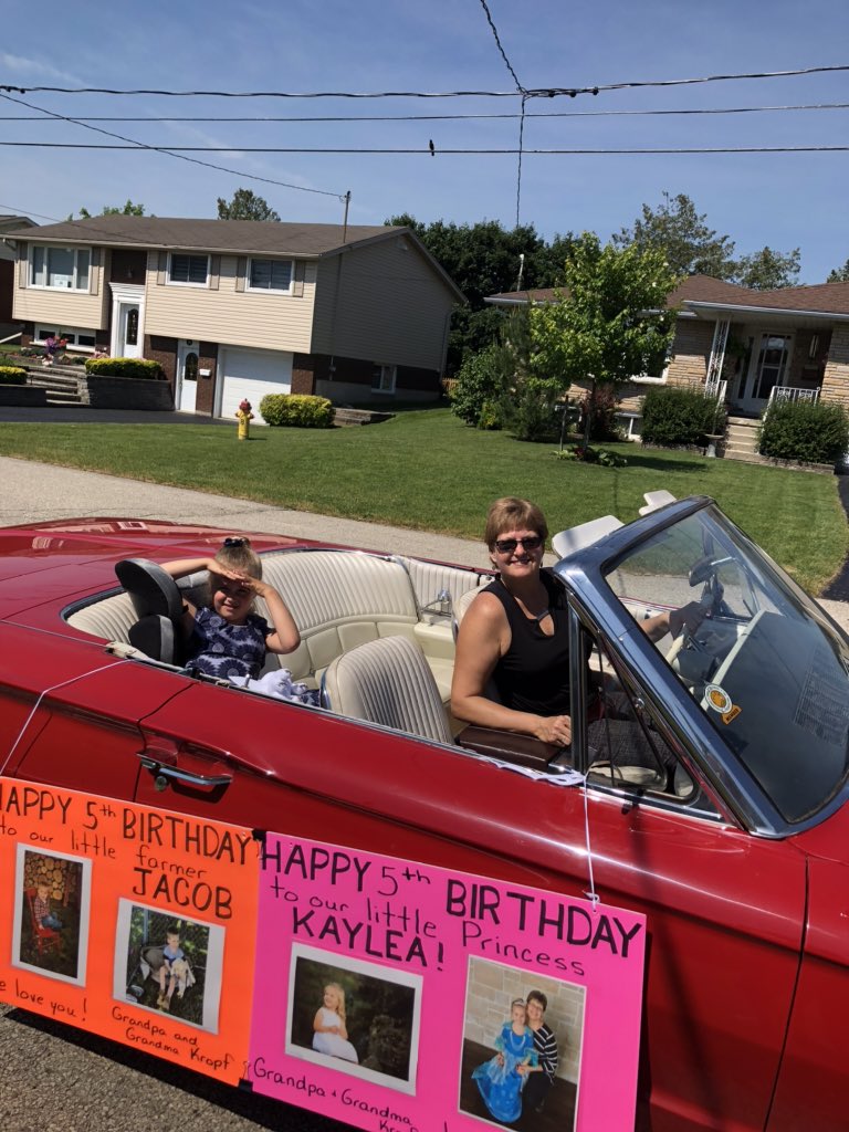 westavi's tweet photo. This is how we celebrated our five year old twins grandchildren birthdays with a drive by parade. With a tractor for two farmers, and two princesses in the convertible. https://t.co/LJBg8zUfoo