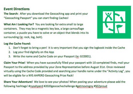 Still time to sign up for the <a href="/SEZnysahperd/">Southeastern Zone</a> 2020 <a href="/NYSAHPERD/">NYS AHPERD</a> Summer Geocache Challenge. Please share this with students &amp; encourage them to join the fun! <a href="/mrobPE/">Margaret Robelee (she/her)</a> <a href="/MaryanneC1/">MaryanneC</a> <a href="/PErocks25/">Kevin Yarnell</a> <a href="/cjlala/">Laura Owen</a> <a href="/lisherm/">Lisa Sherman</a> <a href="/CkeenanHockey53/">Christopher Keenan</a> <a href="/GlenhamPhysEd/">Jeanmarie Jacques</a> #2020geochachechallenge #getmovingny #SEZproud