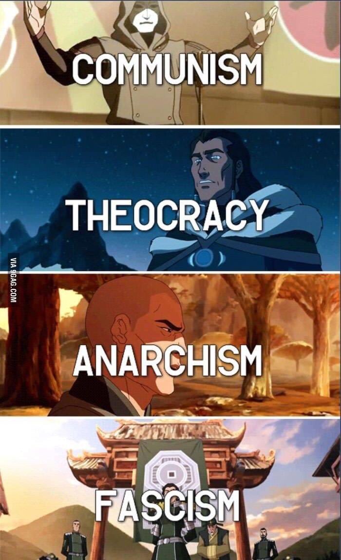 1. Ok since I've mentioned themes earlier, one theme that it progressed is Political Structures, which i think is a good jumping point from ATLA since they basically had to remake the world from the anarchy of the Fire Nation, and had to decide how to rule after.
