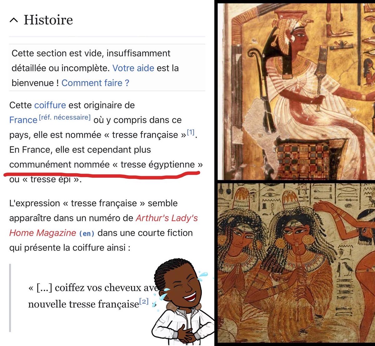 Dortux's tweet photo. Saviez-vous qu’il existe des tresses française ? 😂😂😂 vous avez pas fini de falsifié l’histoire vous êtes là vous approprier des cultures qui ne vous appartient pas. #africanart #áfrica #africa #africanbeauty #culture #egypt #egyptian #kama #kemite #instagram #news #lol #france https://t.co/7cAckhVmUf