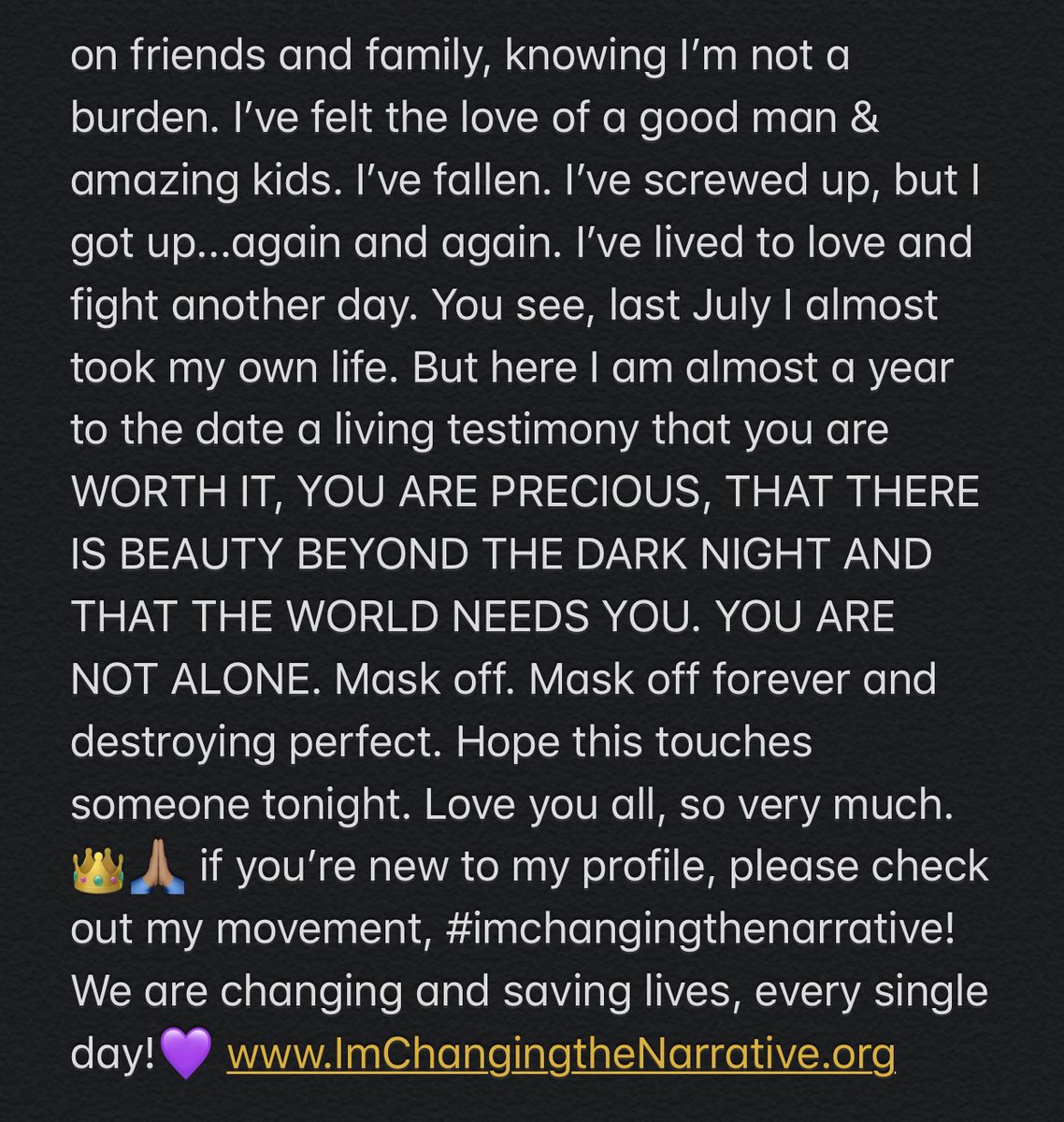 RachelBaribeau's tweet photo. You are not alone. I hurt with you. 👑#ImChangingtheNarrative @CTNkingandqueen #DESTROYperfect #takeofftheMask https://t.co/7NgDMqDq8Z