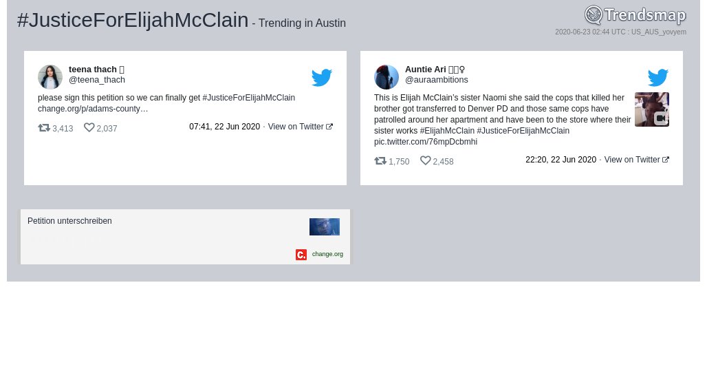 #justiceforelijahmcclain is now trending in #Austin

trendsmap.com/r/US_AUS_yovyem