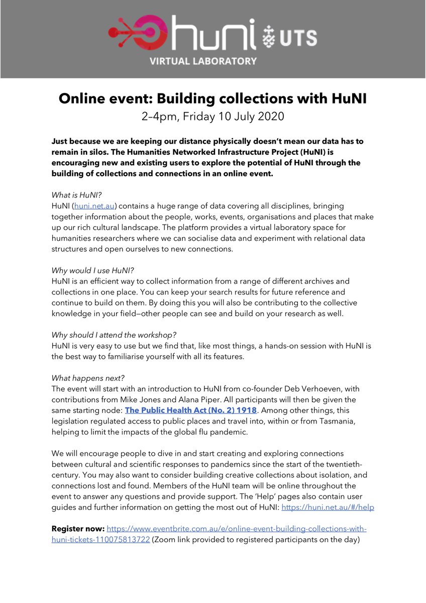Coming up in July an online event: Building Collections with <a href="/HuNIVL/">HuNI</a>. Register now and join us for an afternoon of collaborative connection eventbrite.com.au/e/online-event… #HuNI