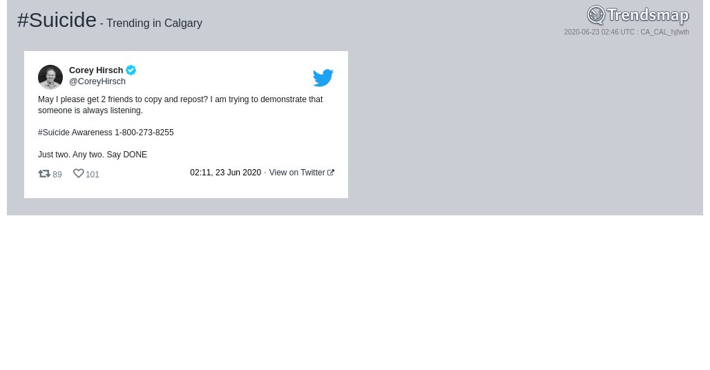 #suicide is now trending in #Calgary

trendsmap.com/r/CA_CAL_hjfwth