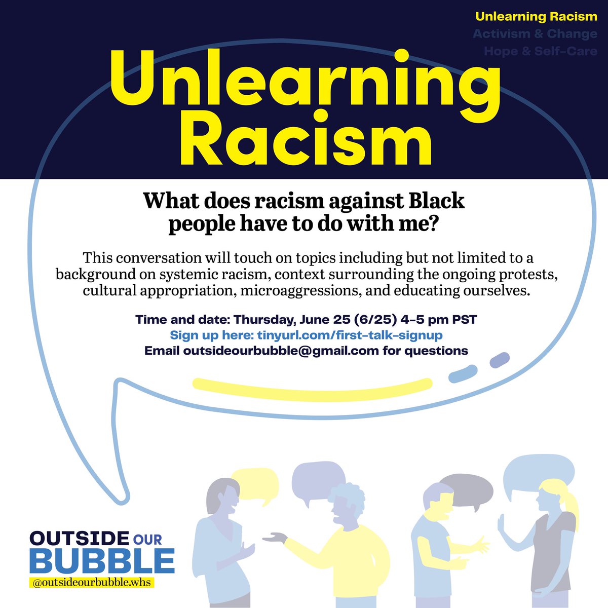 BubbleOur's tweet photo. ‼️ 1st talk this Thurs, 4-5 pm on UNLEARNING RACISM ‼️ for Walnut HS students &amp; recent grads, but alumni welcome! Speaker bios ⬇️ &amp; sign up here: https://t.co/Q3oiXjzerQ. &amp; follow @outsideourbubble.whs on Instagram for more updates https://t.co/HPblmCfJZj