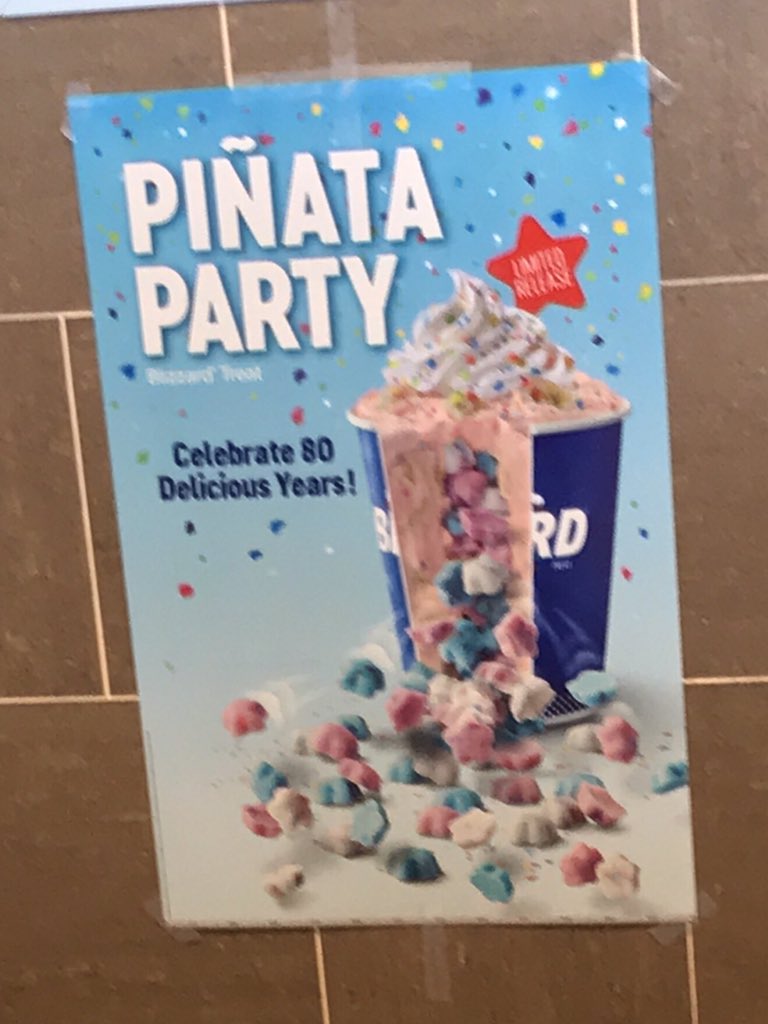 BrianAttfield's tweet photo. Was very excited to see this @DairyQueen today - Happy birthday - next time I'll get the amazing cotton candy.  So plain for a piñata - it's vanilla, with vanilla cake with white chocolate, and vanilla sprinkles and vanilla whip. This is very #Karens, white with extra vanilla. https://t.co/XOeh8FXaKX