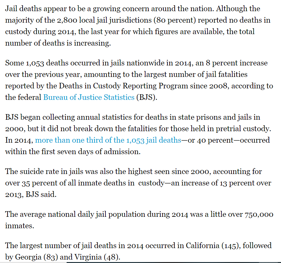 PROBLEM  CORRECTIONSRising jail deaths signal a failure of primary Correctional goals: Care, Custody & Control. More observation, better safety precautions, psychiatric services. facility design + more.See https://thecrimereport.org/2019/04/24/texas-deaths-in-pretrial-custody-soared-in-2018-study/and see https://www.sandiegouniontribune.com/news/watchdog/story/2019-09-19/dying-behind-bars-san-diego-county-jail-deaths