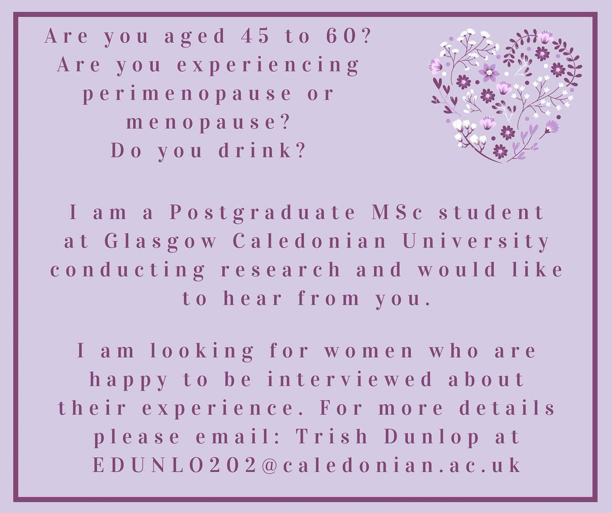 Researchers from Glasgow Caledonian University are seeking participants for their study on women’s experiences of alcohol use to cope with perimenopause &amp; menopause.

If you’d like to take part, please send an email to EDUNLO202@caledonian.ac.uk. 

#Menopause #Research
