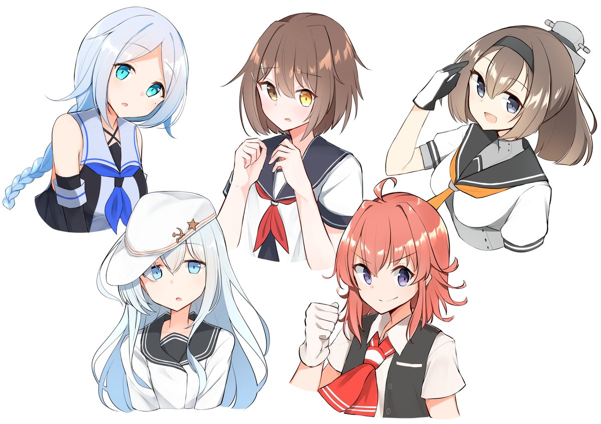 akizuki (kancolle) ,arashi (kancolle) ,hibiki (kancolle) ,umikaze (kancolle) ,verniy (kancolle) neckerchief multiple girls gloves serafuku red hair school uniform red neckerchief  illustration images