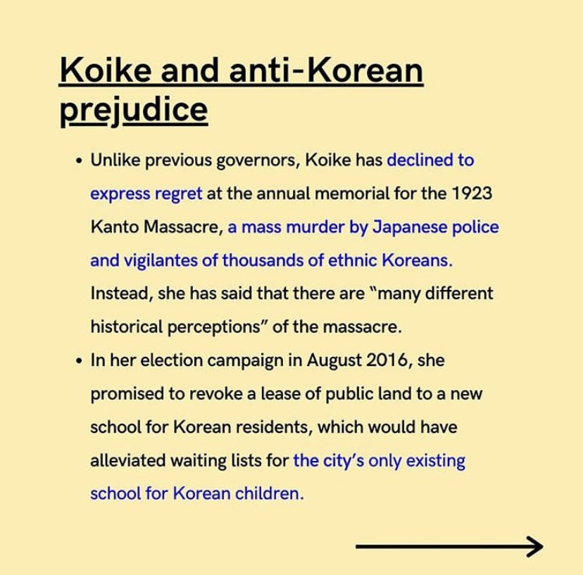 12. You wanna talk government? Here’s some tea about the governor of Tokyo, Koike. YES, you read that right. “ULTRANATIONALIST RIGHT-WING” cr: @/ko_archives on ig