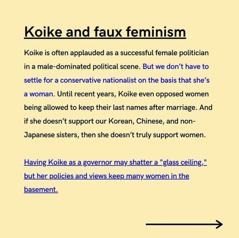 12. You wanna talk government? Here’s some tea about the governor of Tokyo, Koike. YES, you read that right. “ULTRANATIONALIST RIGHT-WING” cr: @/ko_archives on ig