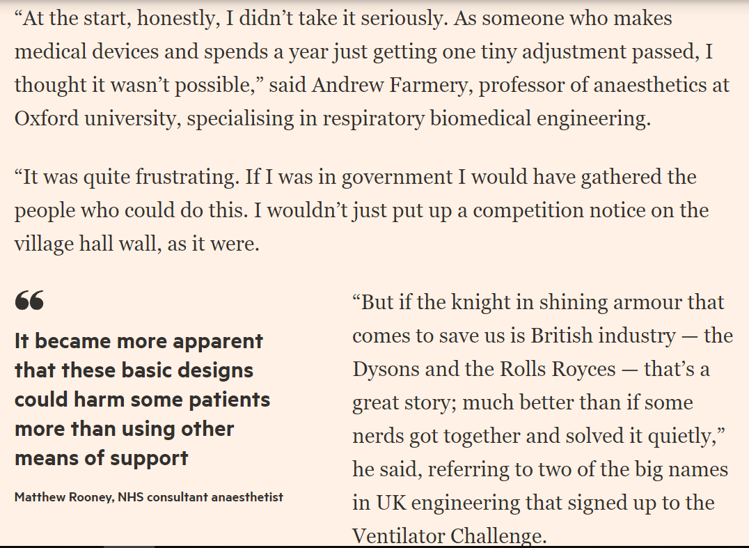 Prof Andrew Farmery of Oxford Uni led the OxVent  @OxVent team - he's experienced with medical device making and "at first I didn't take it seriously" - running a "village hall" competition. I mean why not just get experts and industry in a room? /14 https://oxvent.org/ 