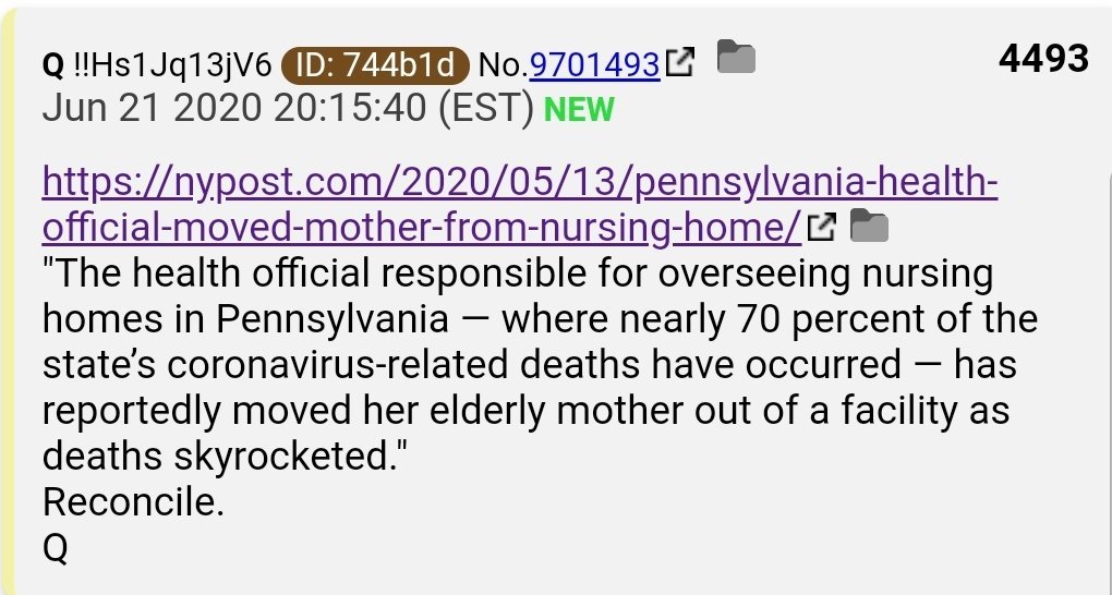 44.  #QAnon Reconcile: Official overseeing 70% of Pa’s covid deaths (nursing homes) moved own elderly mother out of a facility as the deaths of helpless others skyrocketed."  #Q  https://nypost.com/2020/05/13/pennsylvania-health-official-moved-mother-from-nursing-home/