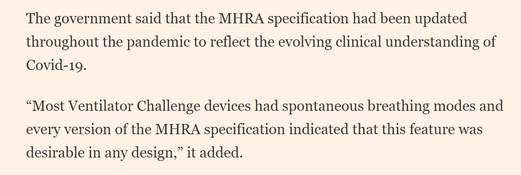 The government has vociferously denied the charge of "muddled thinking" - see link below - and correctly points out that the spec did evolve and the ventilators did (in the end) get spontaneous breathing modes. None were ever needed. /16 https://www.gov.uk/government/news/response-to-ft-article-and-twitter-thread-by-peter-foster