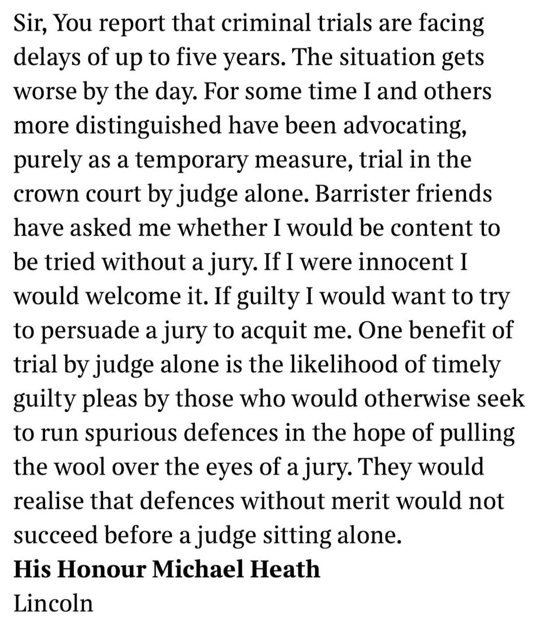 I am absolutely desperate that we find a solution to get the Bar back to work and trials up and running. This is the greatest advert as to why trial by Judge alone is not that answer.