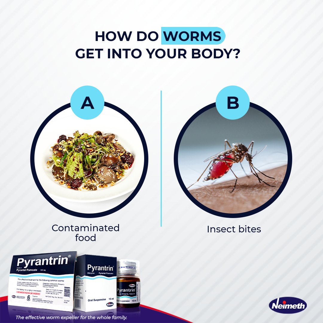 NeimethPlc's tweet photo. Intestinal worm infestations happen in dirty and unhygienic environments.
--
Can you guess how they get into your body?.
--
(If you guessed A - you are correct).
#Pyrantrin #Deworm #WormExpeller #NeimethPlc https://t.co/MUH3EIru2R