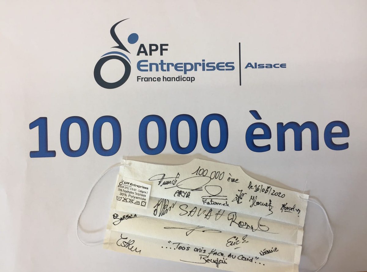 apfentreprises's tweet photo. Il y a une semaine, APF Entreprises Alsace fêtait son 100 000 éme #masque.
L’aventure a commencé le soir du confinement. Pour se « révolter » face à la pénurie, le directeur de l’EA, @FSUZON  se fait prêter des machines à coudre, embauche des couturières(iers). https://t.co/2CUT4j65bn