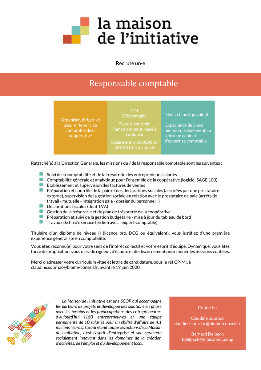 📢 La maison de l'initiative recrute un·e responsable comptable !
✅ Organiser, diriger, et assurer le service comptable de la coopérative
📩 Claudine Sournac : claudine.sournac@biome-conseil.fr.
📩 Bernard Delpech : bdelpech@maisoninit.coop