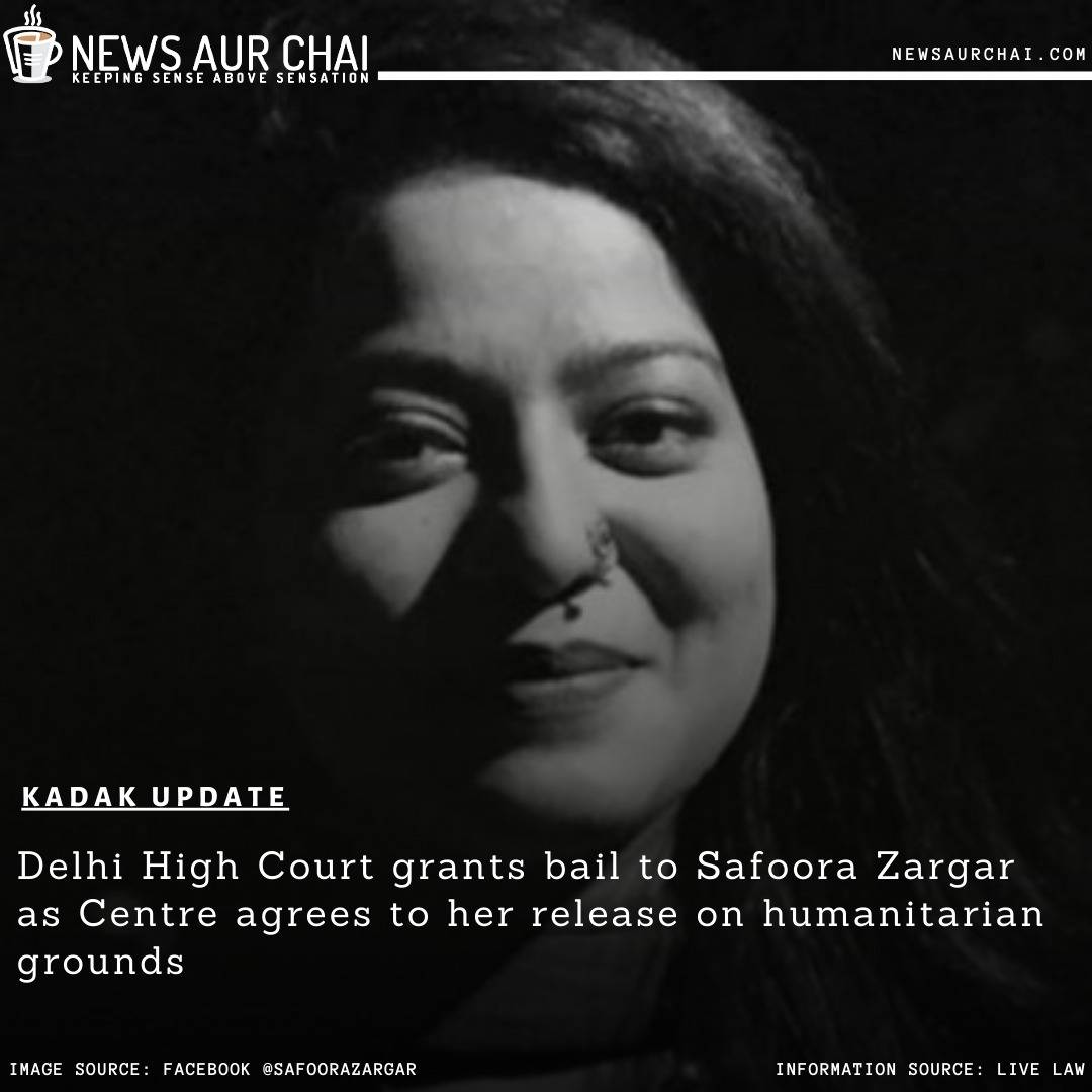NewsAurChai's tweet photo. Zargar, a pregnant woman, who was arrested under the anti-terror law --UAPA-- in a case related to communal violence in #Northeast Delhi during protests against the #CAA in February was granted bail on Tuesday by the #Delhi High Court.
-
#NACKadakUpdate #NewsAurChai #News2020 https://t.co/QI35L2mHZl