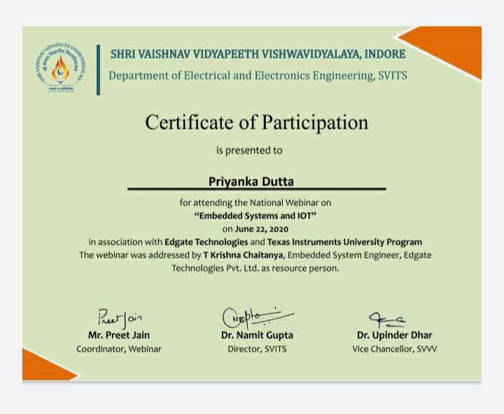 priy_dutta's tweet photo. Got a certification for completing a national webinar on Embedded systems &amp; IOT" with #svits , #Indore .😁
#lockdown #studies #home #QuarentineLife 😊 https://t.co/YBQFdzZR1G