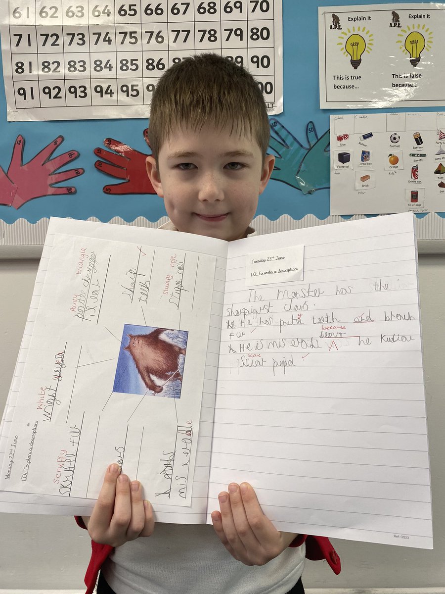 NET_Abbotsweld's tweet photo. Writing heroes | Our Year 1 children have been writing descriptions of the monster from the story ‘Eric the hero’. They challenged themselves to use because in their sentences! #shapingfutures #edutain #getkidswriting #writing #education #primaryschool #descriptivewriting #school https://t.co/0KtaIrqvyi