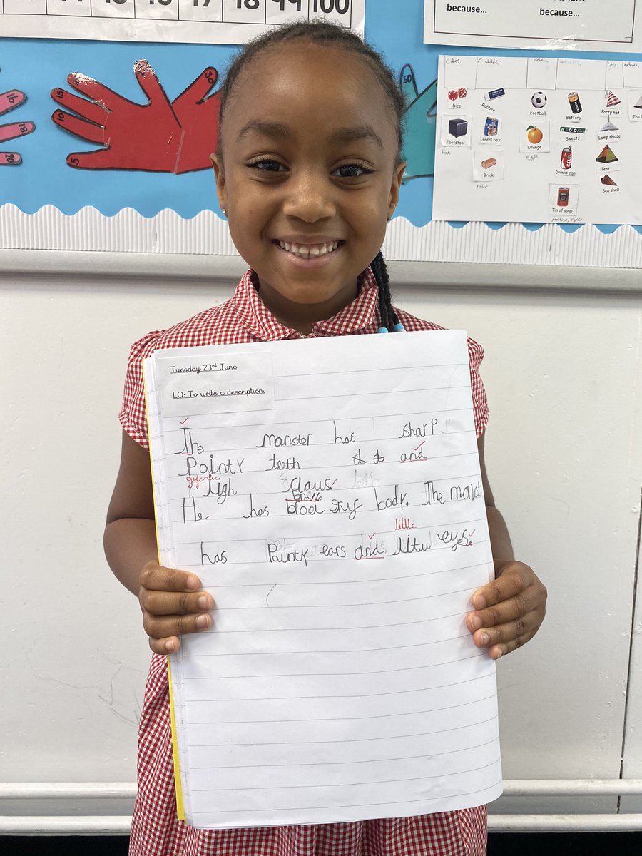 NET_Abbotsweld's tweet photo. Writing heroes | Our Year 1 children have been writing descriptions of the monster from the story ‘Eric the hero’. They challenged themselves to use because in their sentences! #shapingfutures #edutain #getkidswriting #writing #education #primaryschool #descriptivewriting #school https://t.co/0KtaIrqvyi