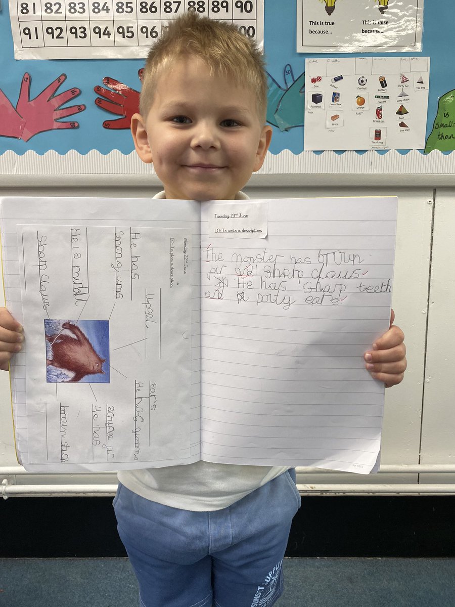 NET_Abbotsweld's tweet photo. Writing heroes | Our Year 1 children have been writing descriptions of the monster from the story ‘Eric the hero’. They challenged themselves to use because in their sentences! #shapingfutures #edutain #getkidswriting #writing #education #primaryschool #descriptivewriting #school https://t.co/0KtaIrqvyi