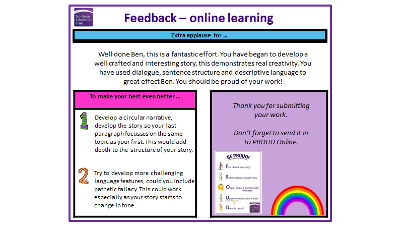 DykeHouse's tweet photo. Great feedback for Ben M for his English KIP this week, well done Ben!#proudthursday #ouramazingstudents https://t.co/g9J2sfg5F8