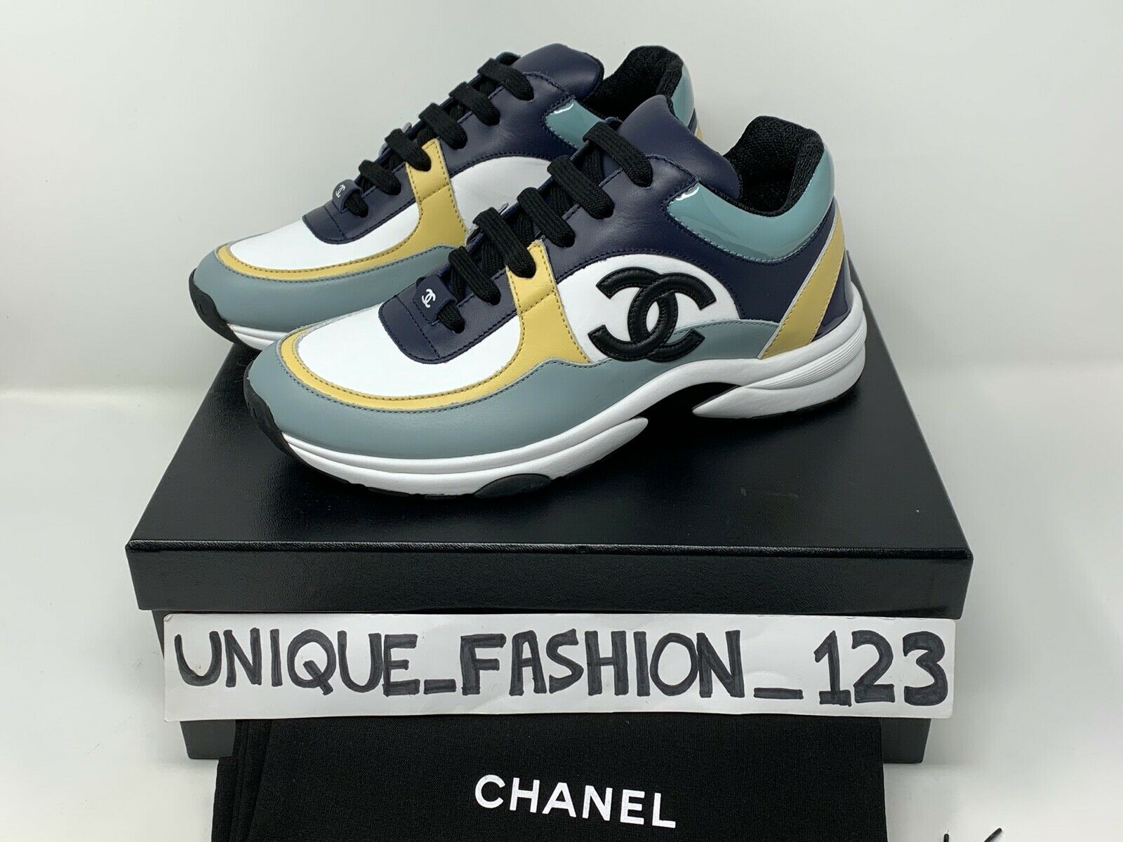 Chanel 21P Blue Green Black Suede CC Lace Up Tie Flat Runner Trainer  Sneaker 38